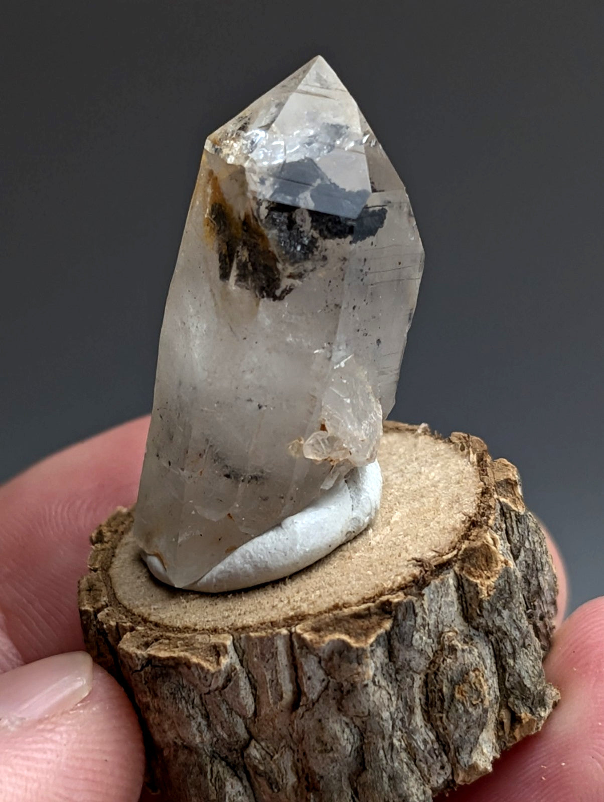 A+ Unique Quartz, Old Stock, Montgomery County, Arkansas, w/ natural wood base