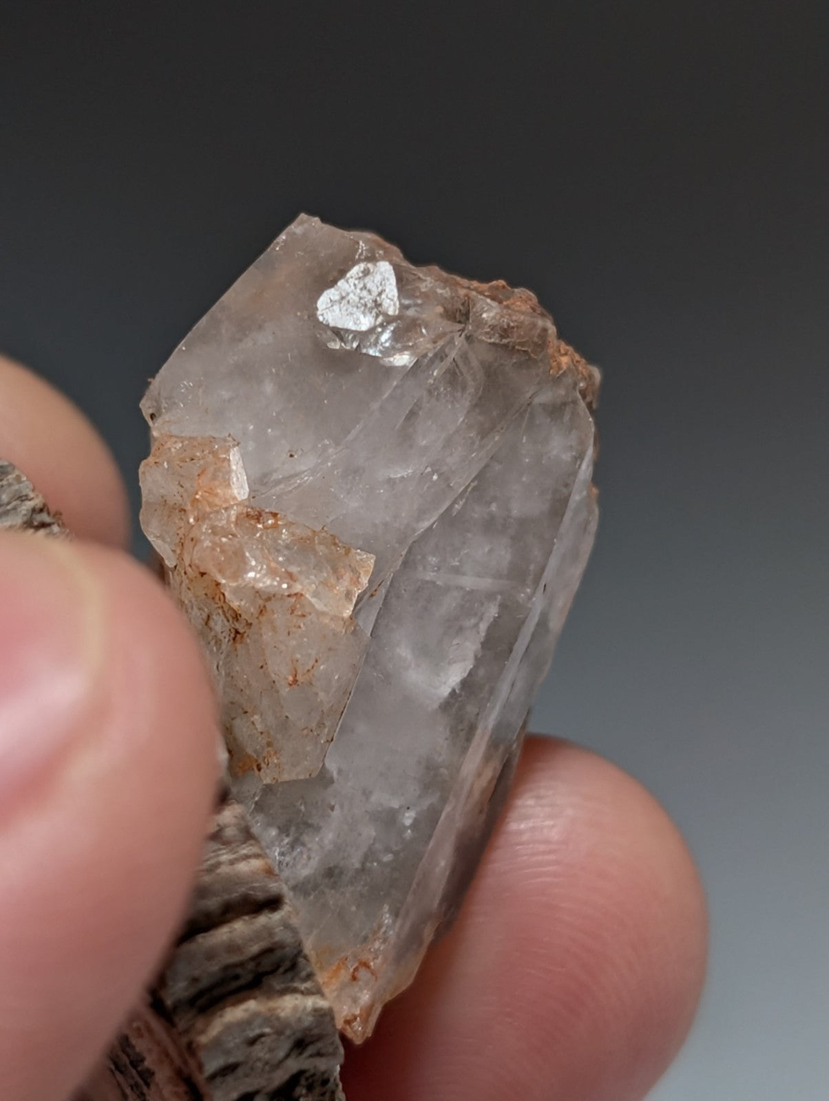 Nacrite + Manganese included Quartz Crystal Point, Arkansas, w/ wood base