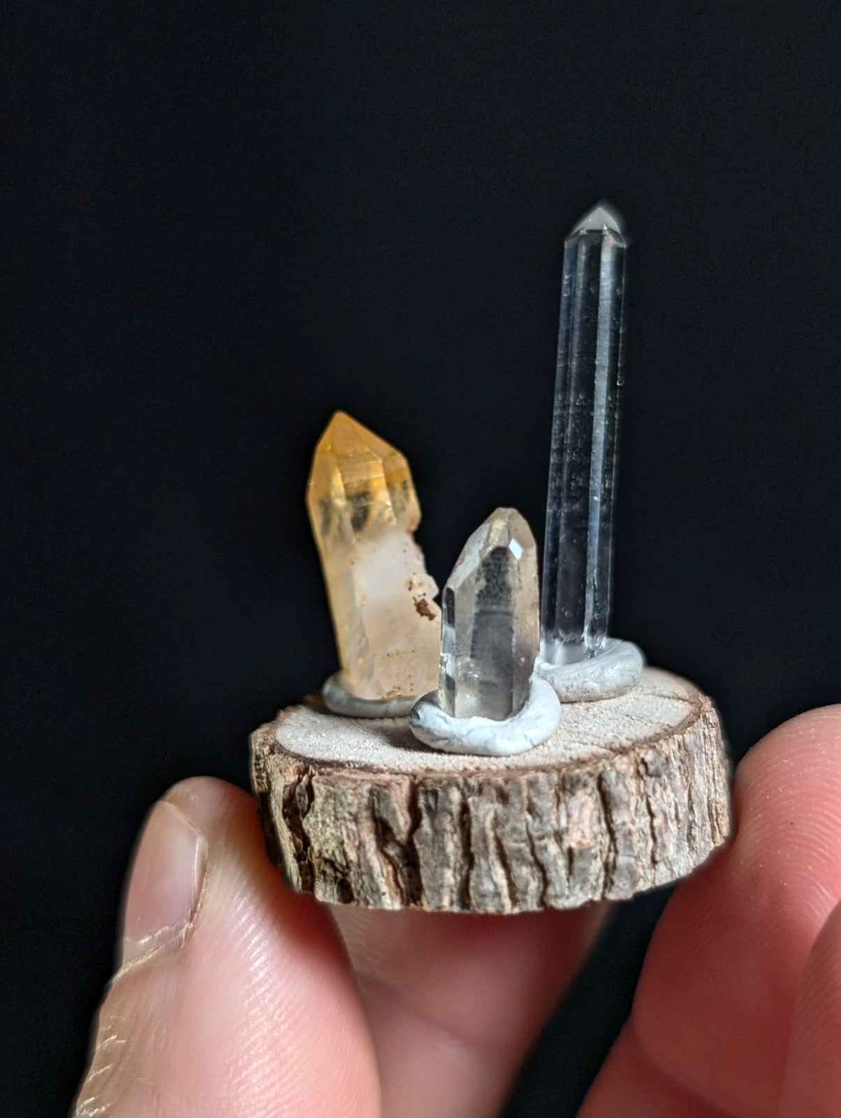 Unique set of 3 Quartz Crystal Points, Garland County, Arkansas, w/ wood base