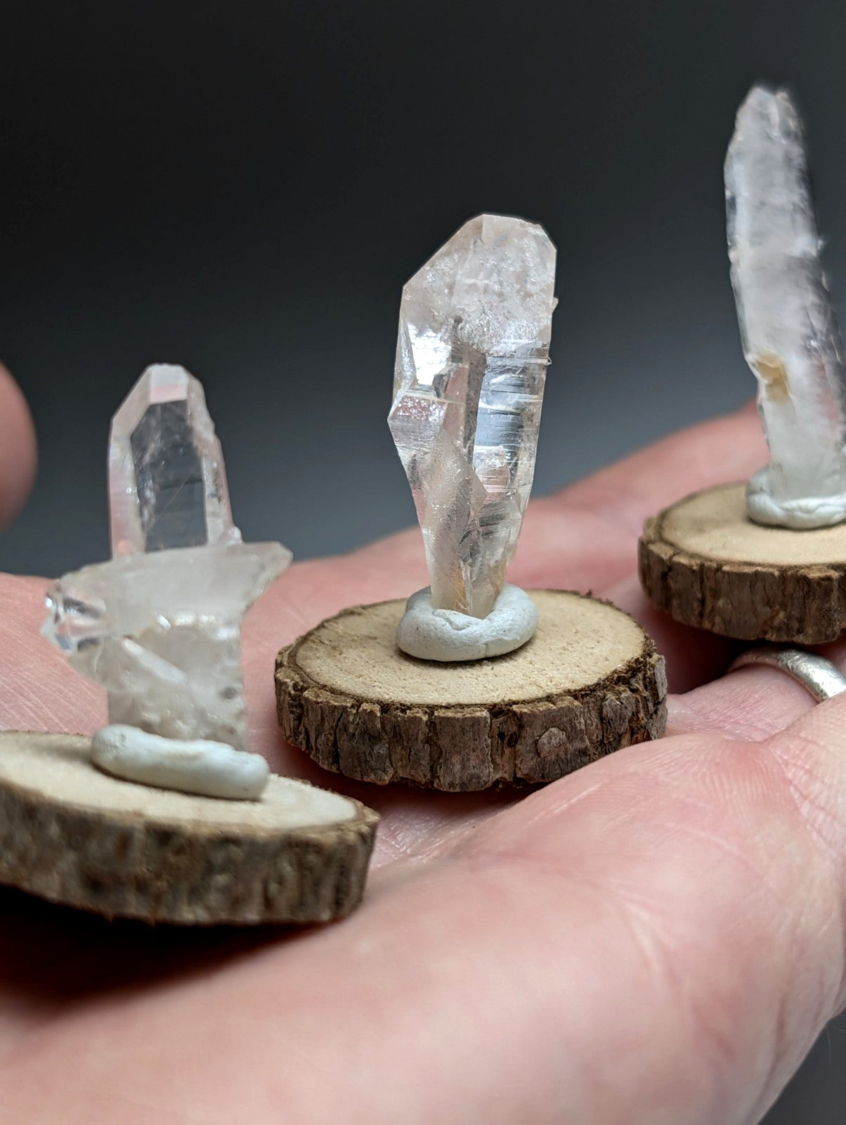 Set of 3 Unique Quartz, Old Stock, Montgomery County, Arkansas, w/ wood bases