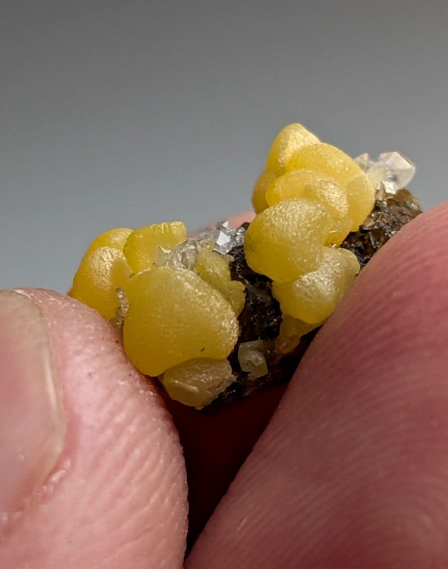 Greenockite included Smithsonite on Quartz/Sphalerite, Rush, Marion Co, Arkansas