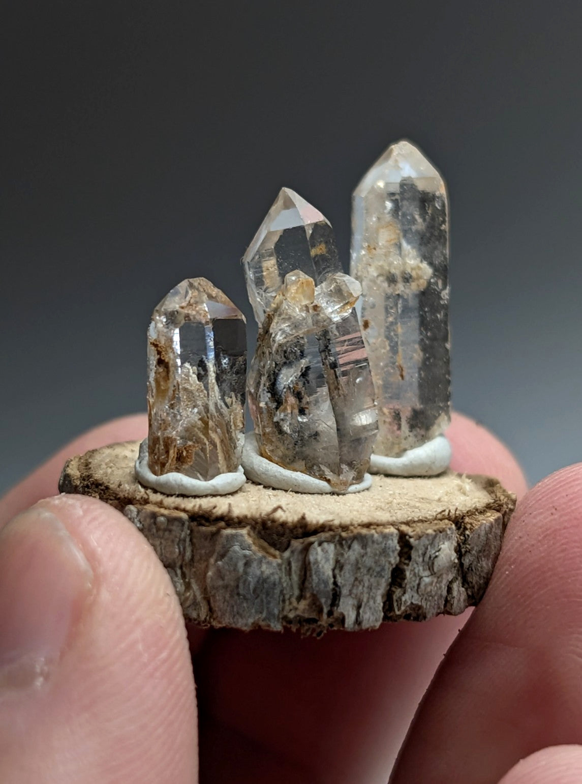 Nacrite + Manganese included Quartz Crystal Points, Arkansas, Set of 3, w/ base