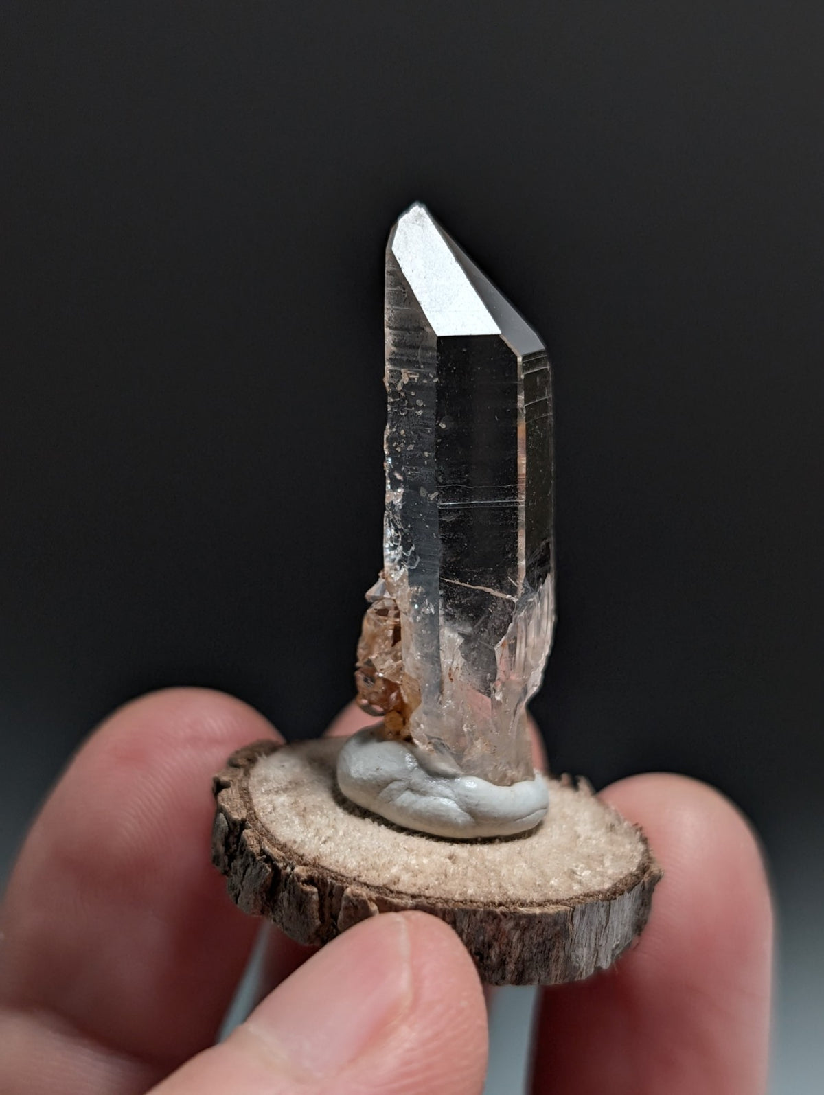 A+ Clear Quartz Crystal Point, Montgomery County, Arkansas, w/ natural wood base