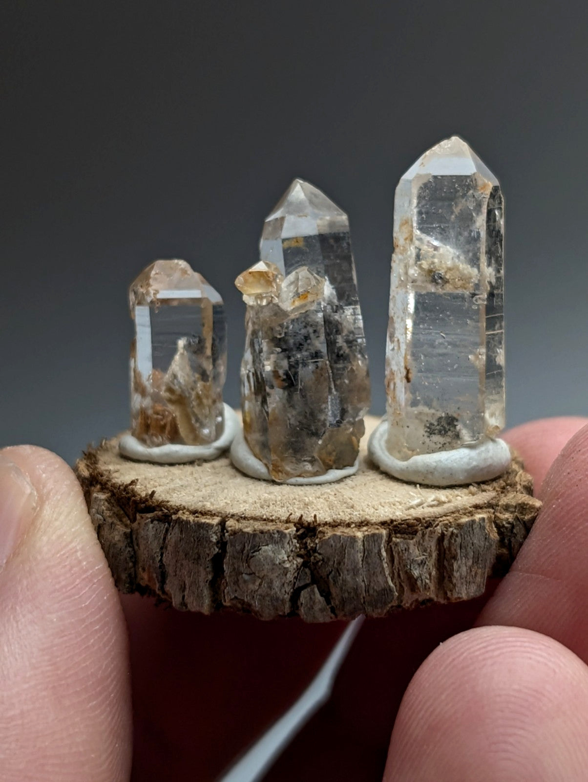 Nacrite + Manganese included Quartz Crystal Points, Arkansas, Set of 3, w/ base