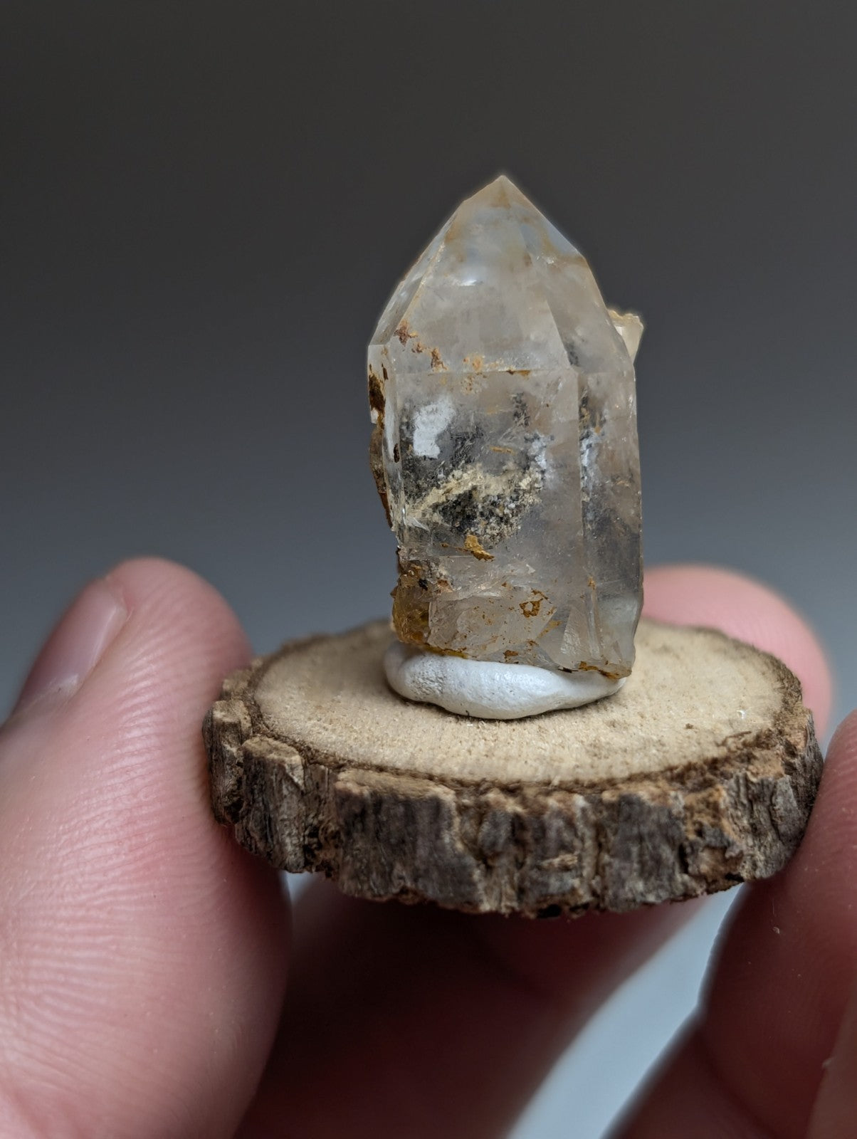 Nacrite + Manganese included Quartz Crystal Point, Arkansas, w/ wood base