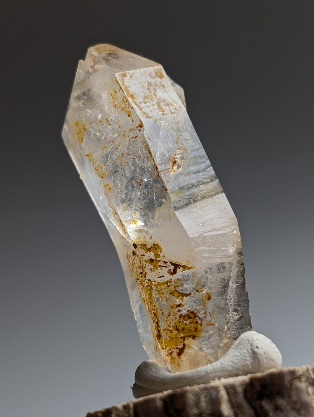 Curved Quartz, Old Stock, Montgomery County, Arkansas, w/ natural wood base