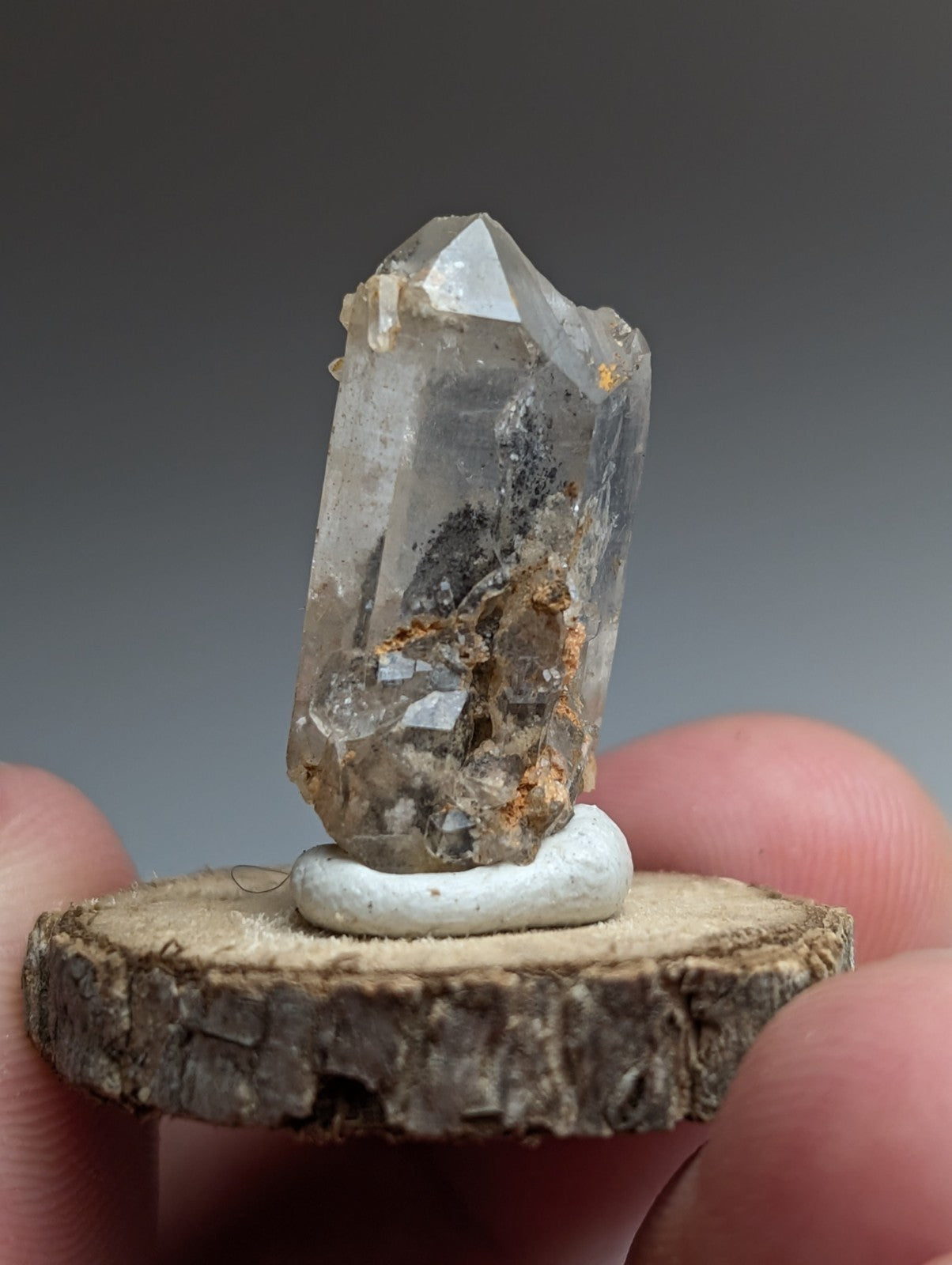 Nacrite + Manganese included Quartz Crystal Point, Arkansas, w/ wood base