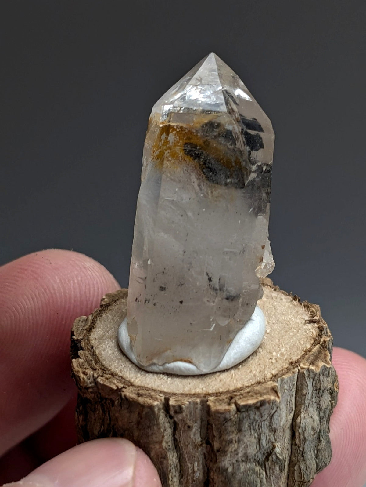 A+ Unique Quartz, Old Stock, Montgomery County, Arkansas, w/ natural wood base