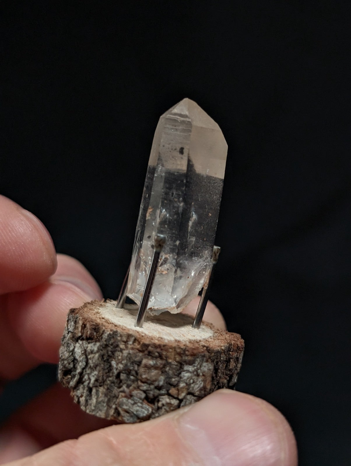 A+ Clear Quartz w/ inclusions, Montgomery County, Arkansas, w/ natural wood base