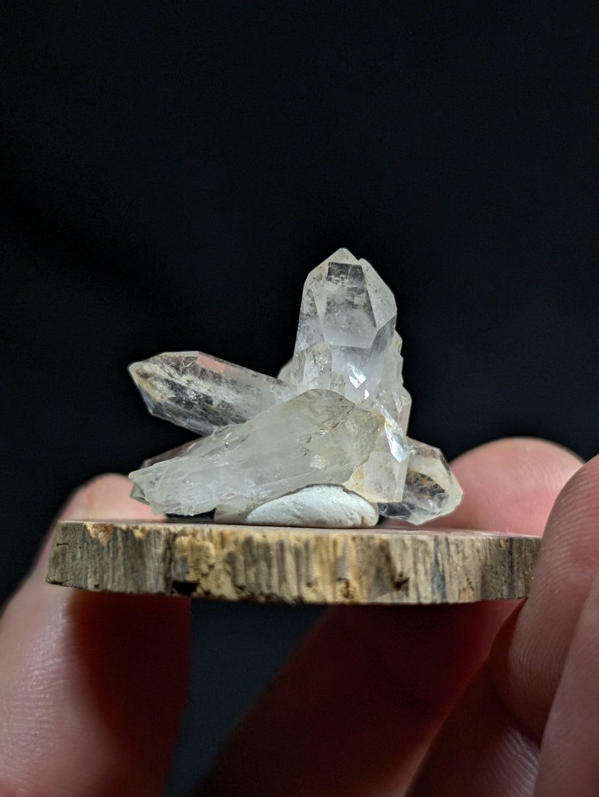 Quartz Crystal Cluster, Old Stock, Montgomery County, Arkansas, w/ wood base