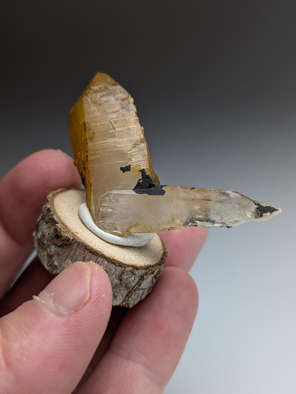 A+ Unique Quartz, Old Stock, Montgomery County, Arkansas, w/ natural wood base