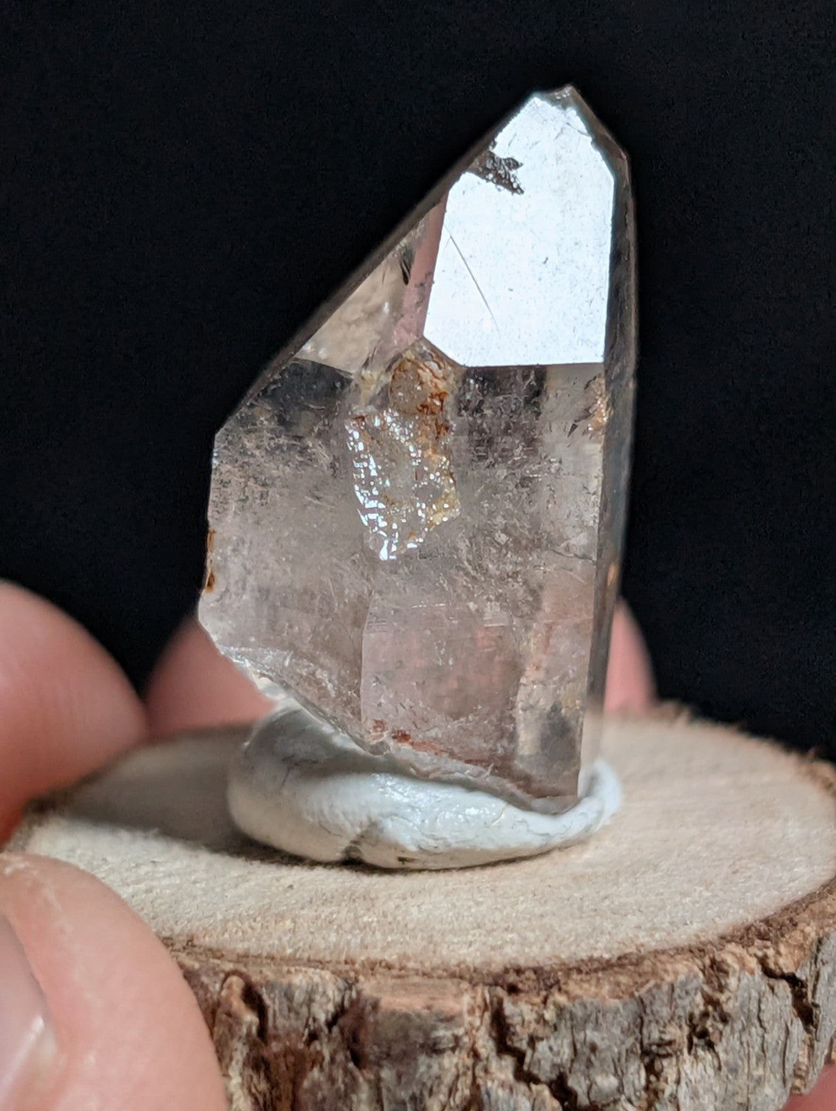 A+ Phantom Quartz, Old Stock, Montgomery County, Arkansas, w/ natural wood base
