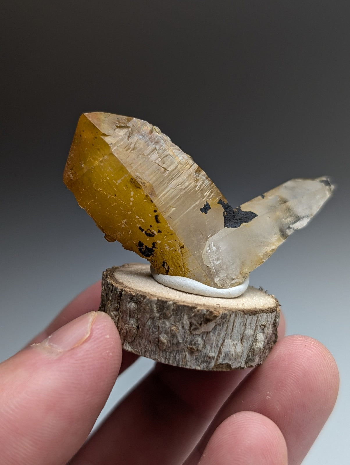 A+ Unique Quartz, Old Stock, Montgomery County, Arkansas, w/ natural wood base