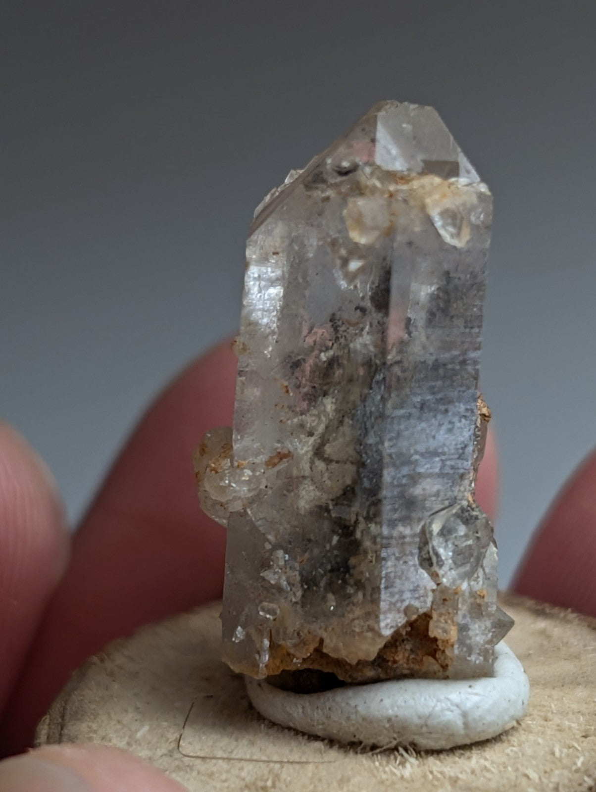 Nacrite + Manganese included Quartz Crystal Point, Arkansas, w/ wood base