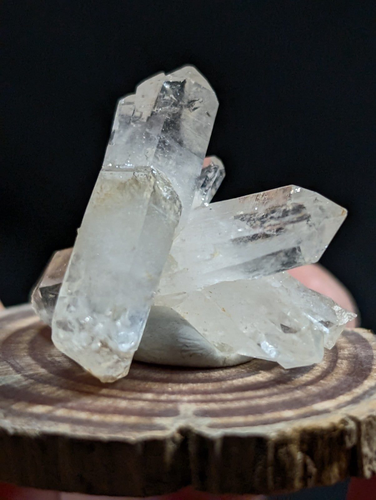 Quartz Crystal Cluster, Old Stock, Montgomery County, Arkansas, w/ wood base