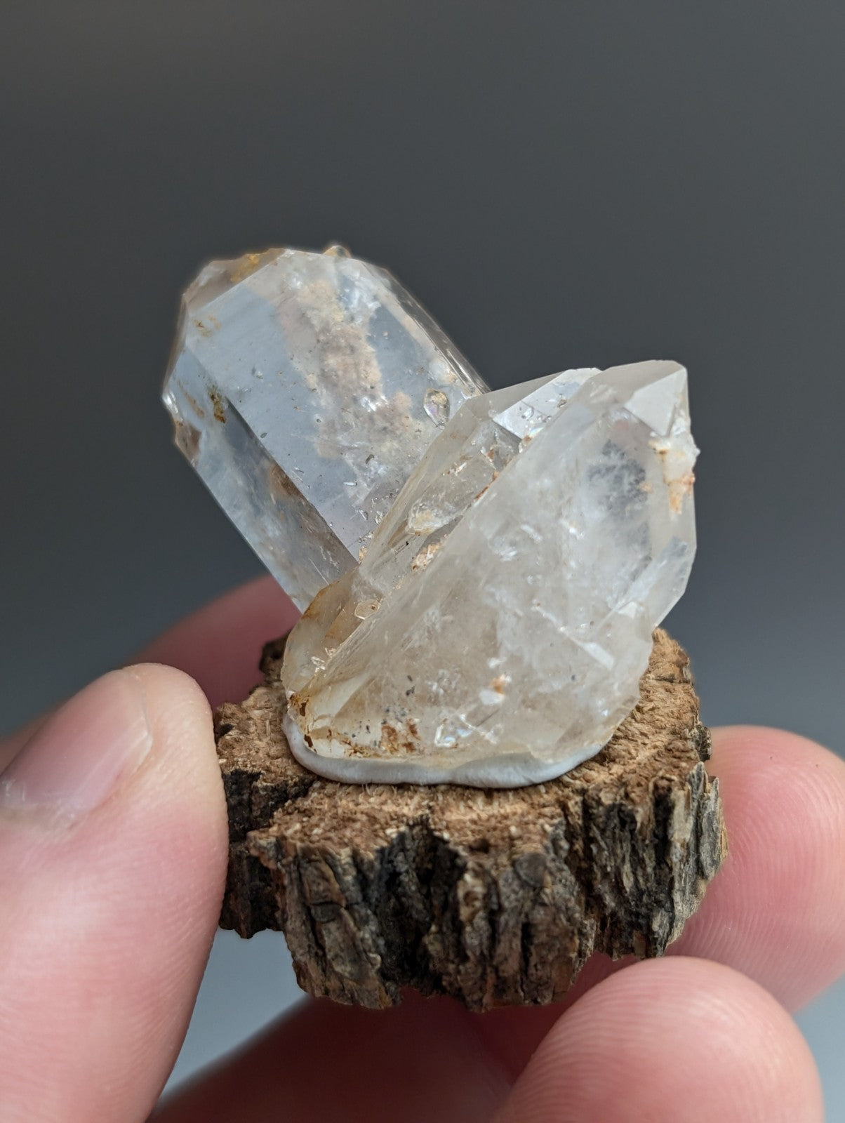 Nacrite included Quartz Crystal, Montgomery County, Arkansas, w/ wood base