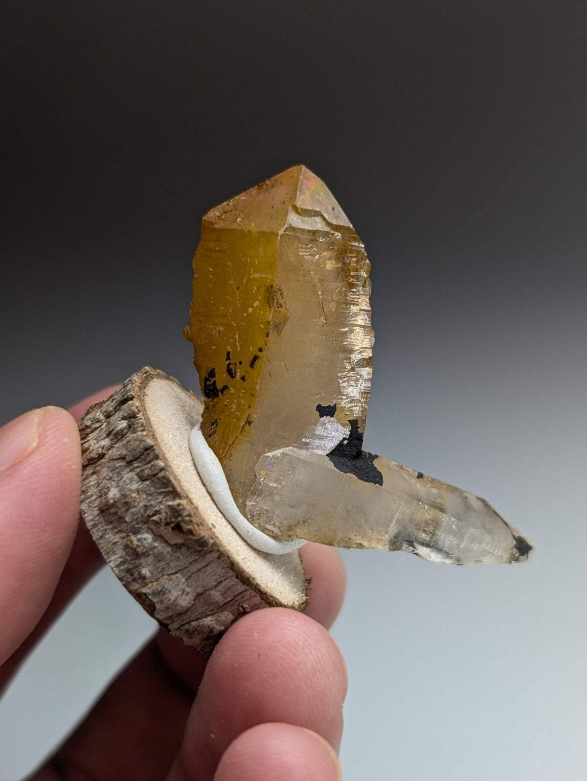 A+ Unique Quartz, Old Stock, Montgomery County, Arkansas, w/ natural wood base
