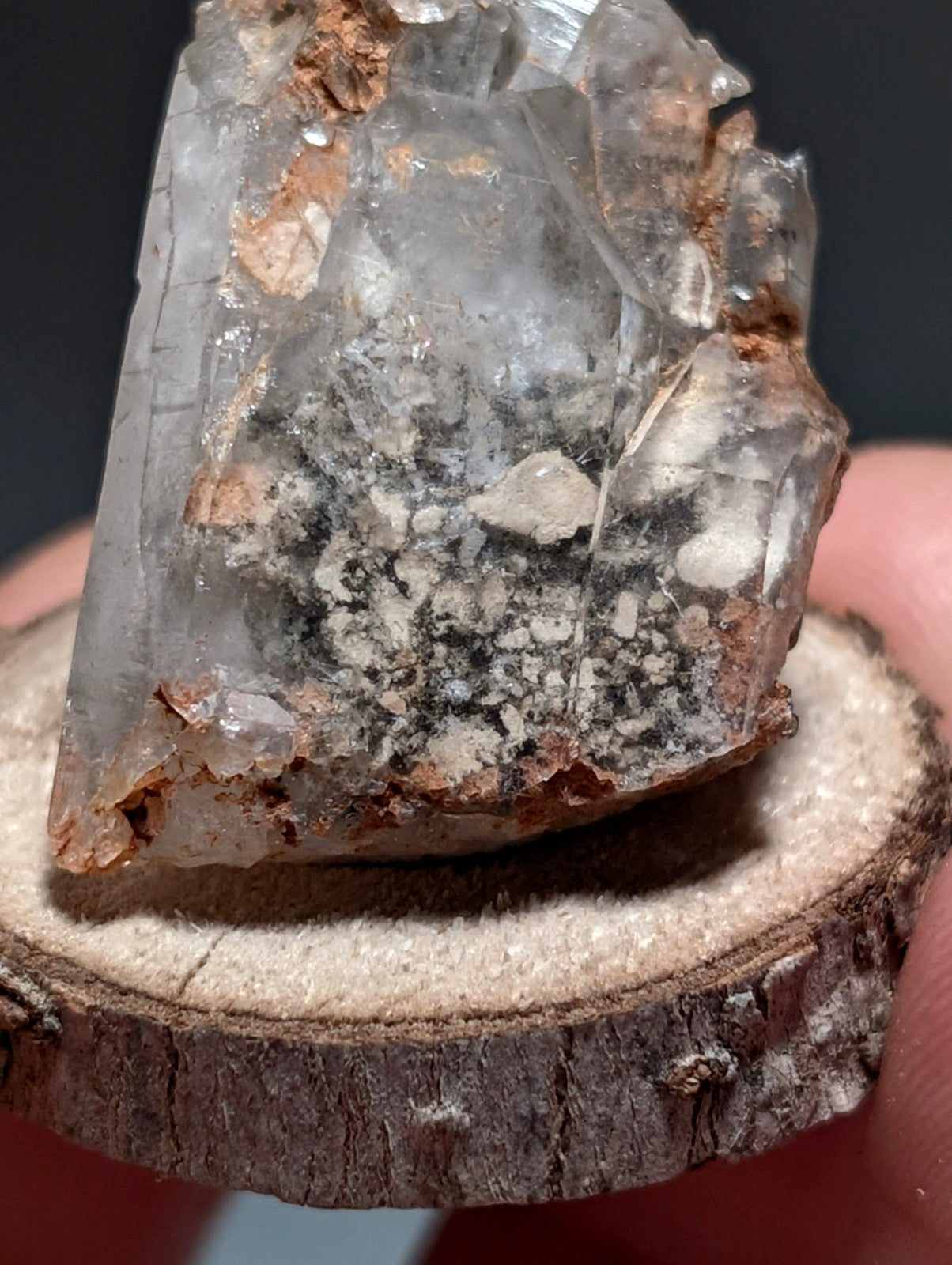 Nacrite + Manganese included Quartz Crystal Point, Arkansas, w/ wood base