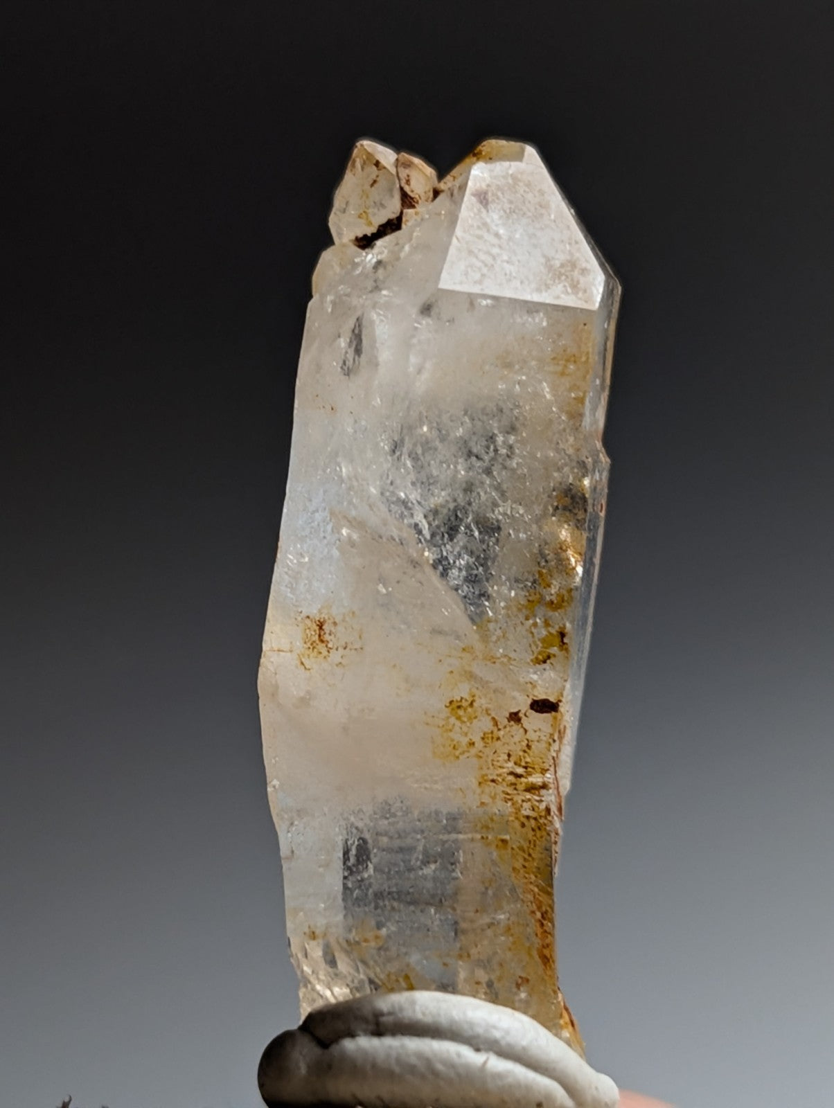 Curved Quartz, Old Stock, Montgomery County, Arkansas, w/ natural wood base