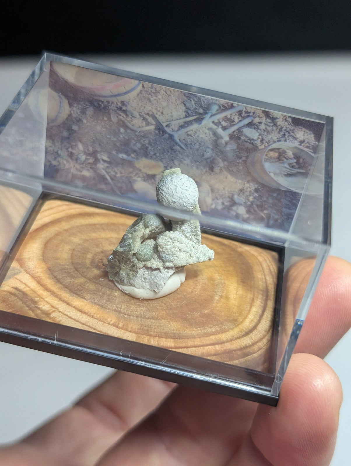 Blue-Green Wavellite, w/ wood mount + photo case - Garland County, Arkansas