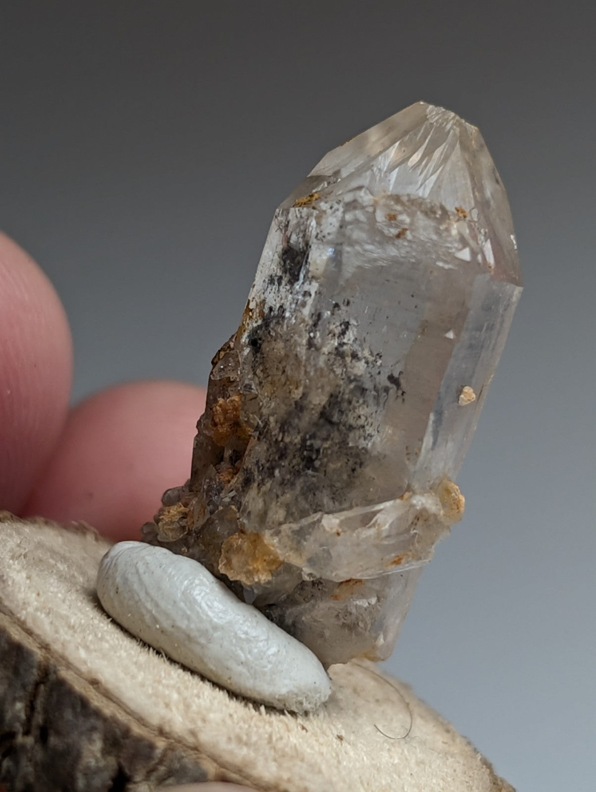 Nacrite + Manganese included Quartz Crystal Point, Arkansas, w/ wood base