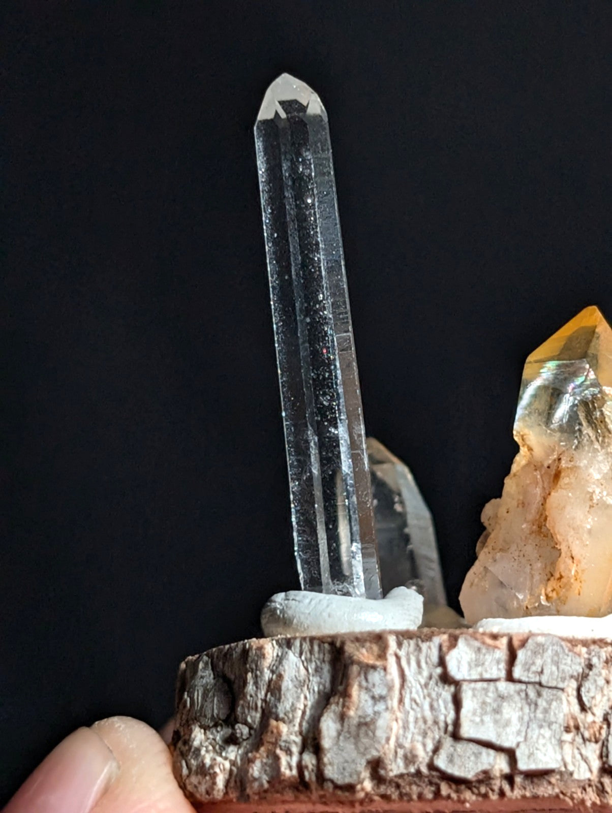 Unique set of 3 Quartz Crystal Points, Garland County, Arkansas, w/ wood base