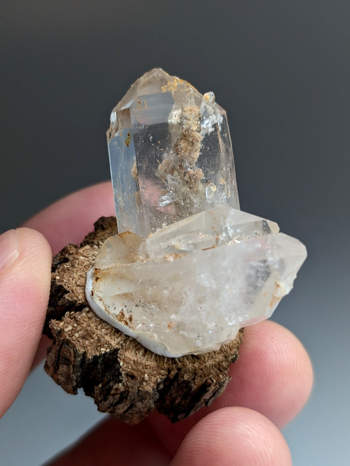 Nacrite included Quartz Crystal, Montgomery County, Arkansas, w/ wood base