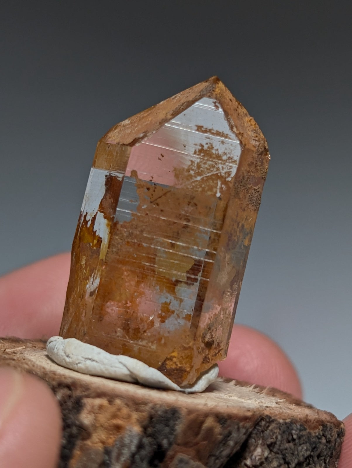 A+ Optical Quartz, Old Stock, Montgomery County, Arkansas, w/ natural wood base