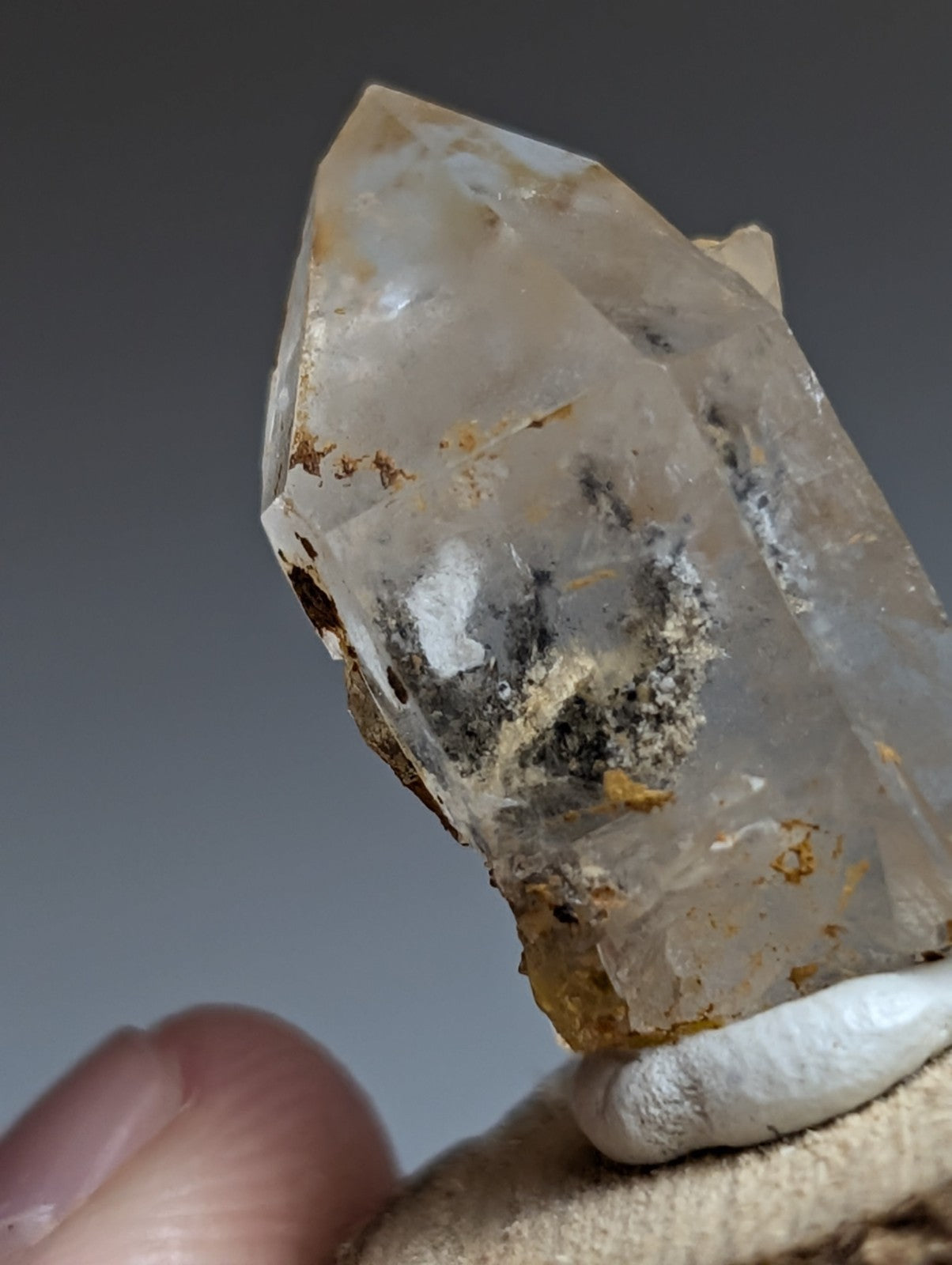 Nacrite + Manganese included Quartz Crystal Point, Arkansas, w/ wood base