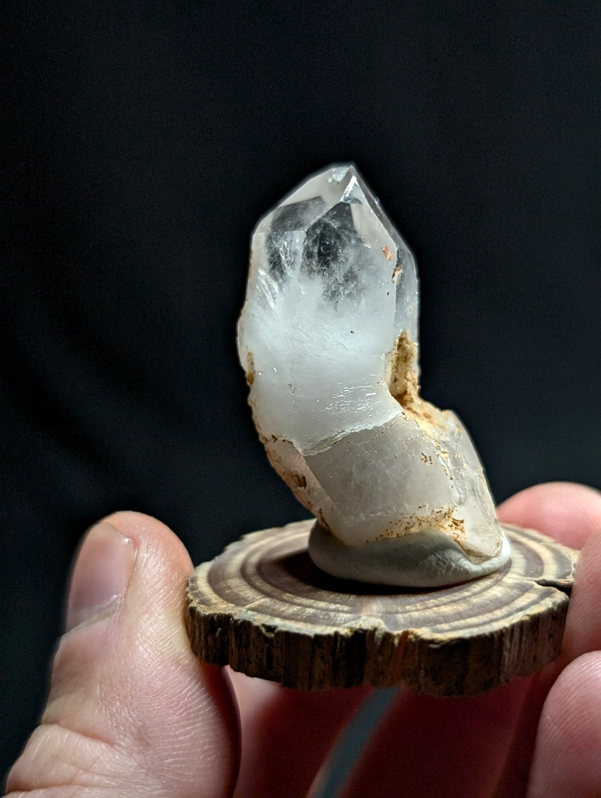 Super Curved Quartz Crystal Point, Montgomery County, Arkansas, w/ wood base