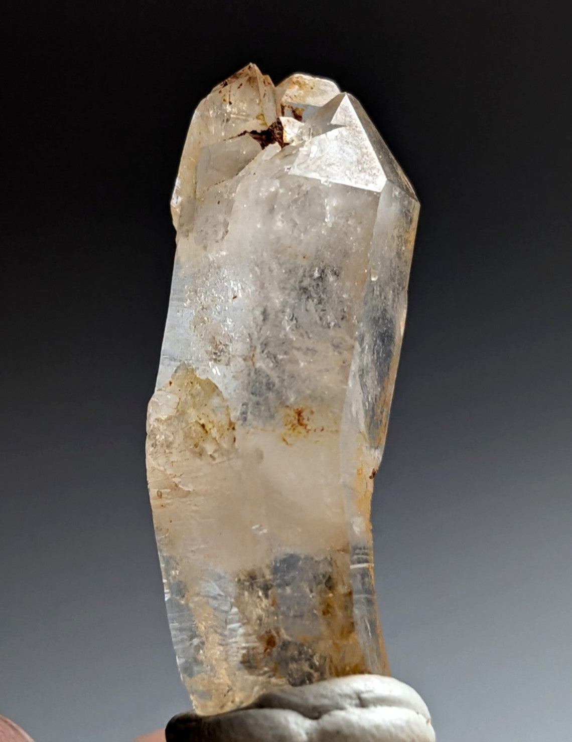 Curved Quartz, Old Stock, Montgomery County, Arkansas, w/ natural wood base