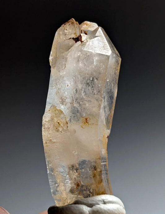 Curved Quartz, Old Stock, Montgomery County, Arkansas, w/ natural wood base
