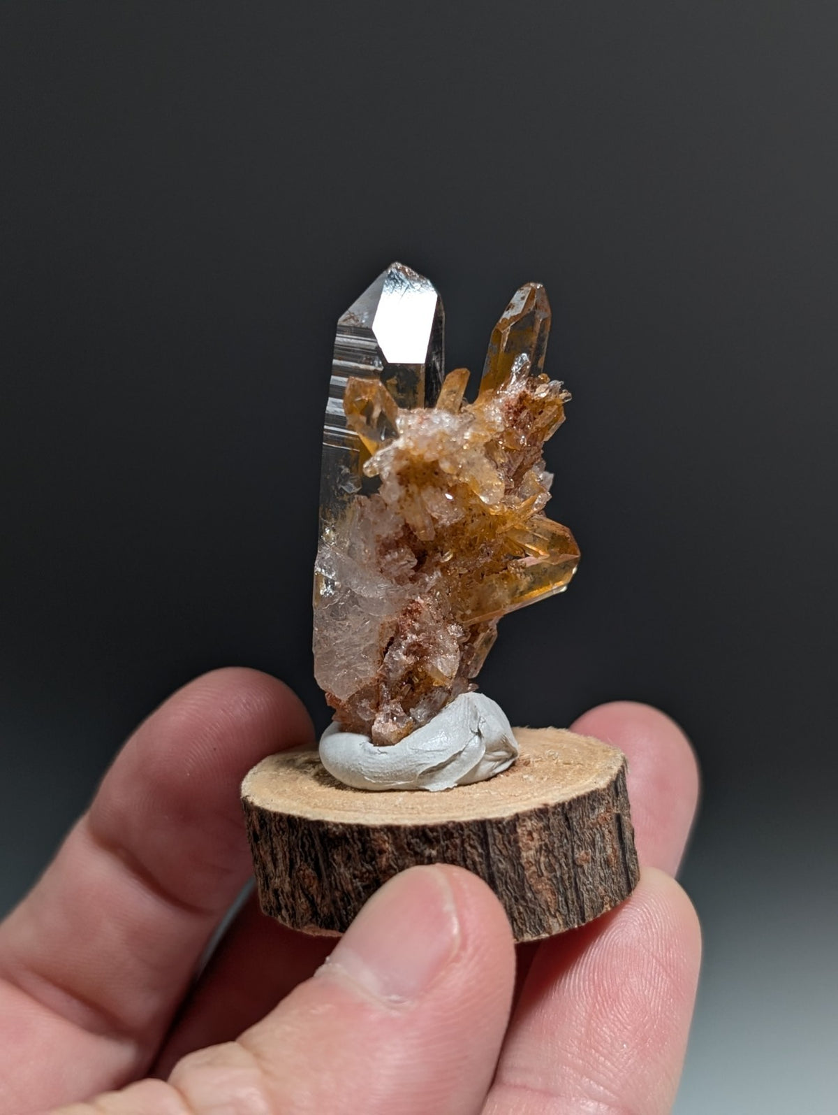 A+ Clear Quartz Crystal Cluster, Garland County, Arkansas, w/ natural wood base
