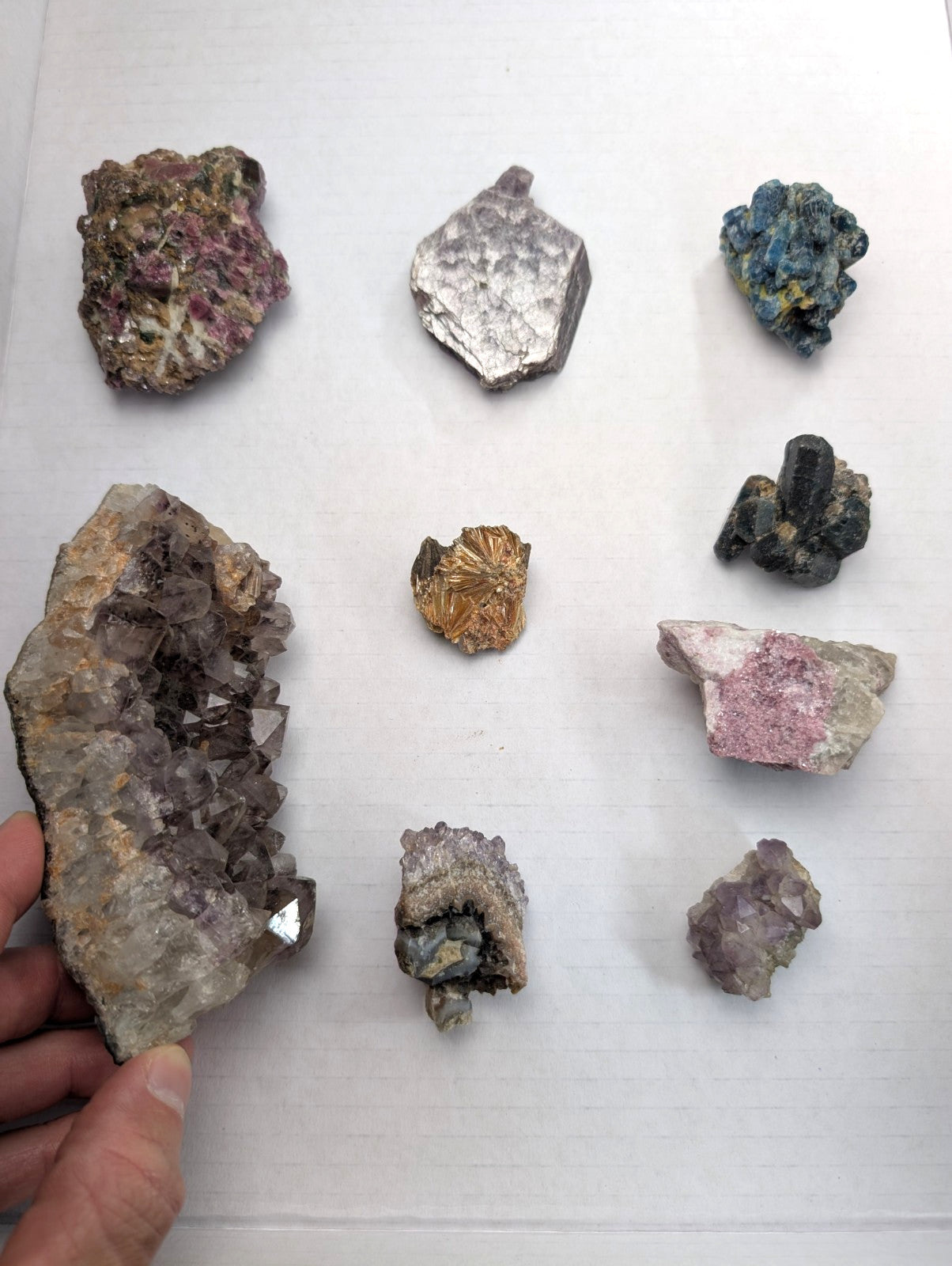 Amethyst, Tourmaline, Apatite, Pyrophyllite, Lepidolite, Flat of 9 OOAK Minerals