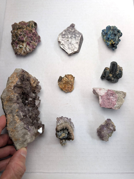 Amethyst, Tourmaline, Apatite, Pyrophyllite, Lepidolite, Flat of 9 OOAK Minerals