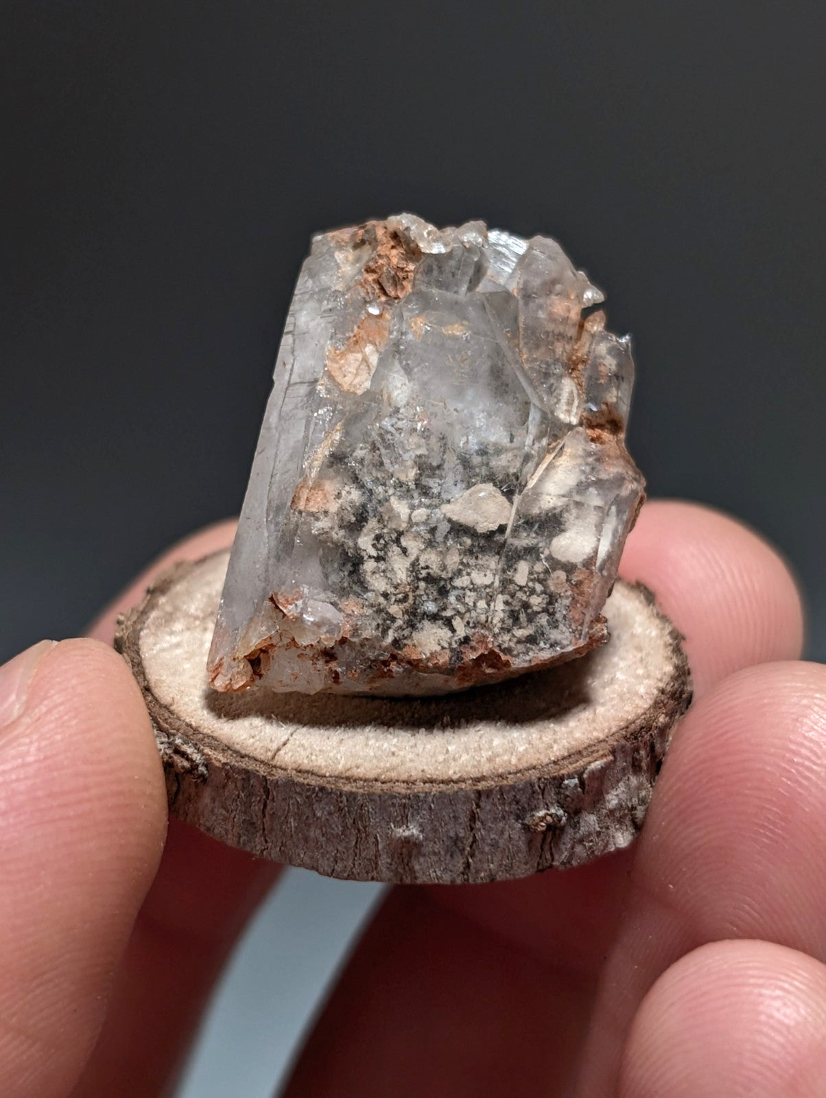 Nacrite + Manganese included Quartz Crystal Point, Arkansas, w/ wood base