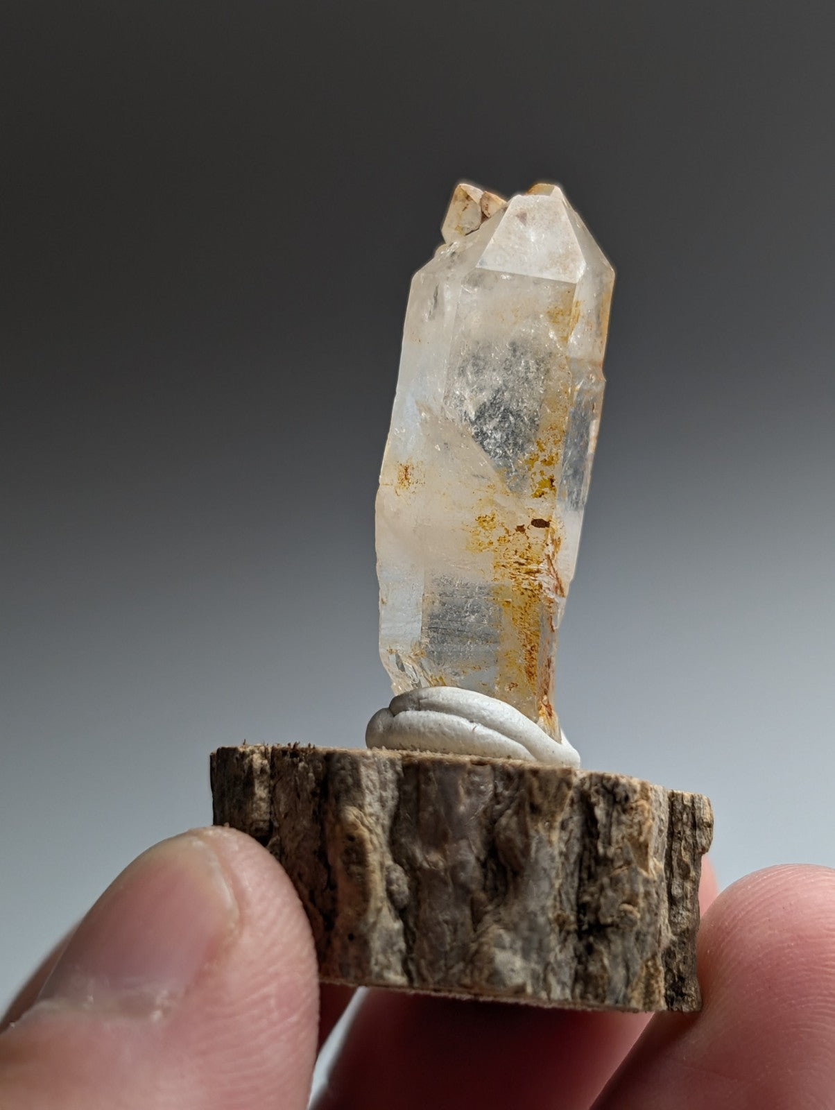 Curved Quartz, Old Stock, Montgomery County, Arkansas, w/ natural wood base