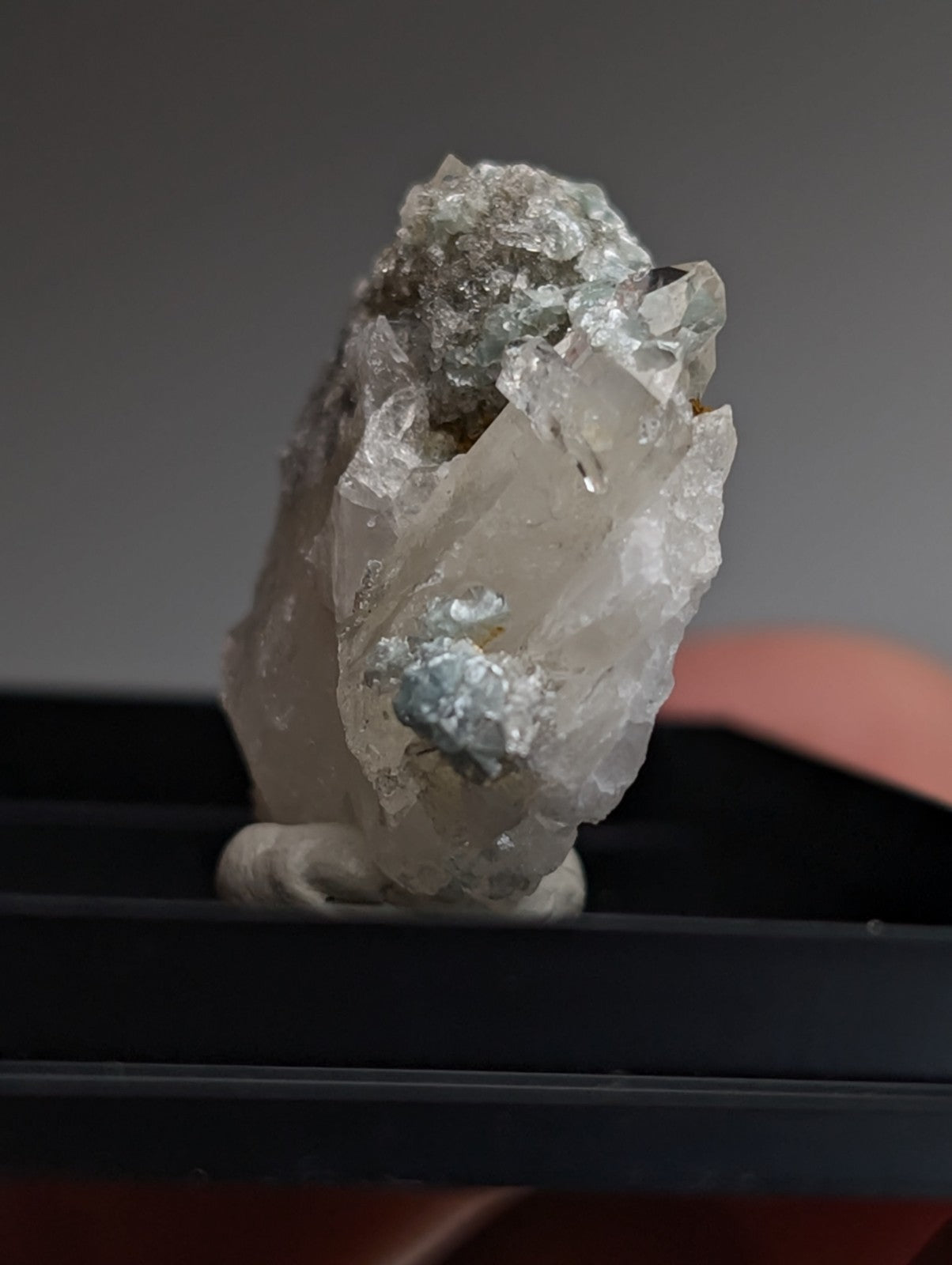 Blue-Green Cookeite on Quartz, Saline County, Arkansas, Old Stock, w/ photo case