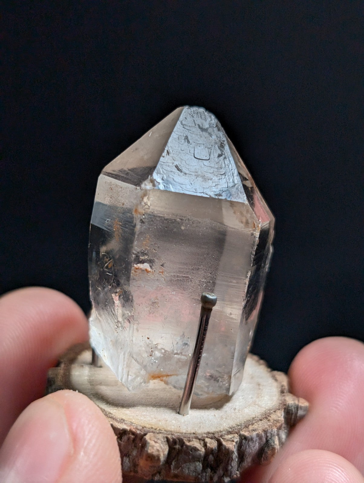 A+ Nacrite Phantom Quartz, Old Stock, Montgomery County, Arkansas, w/ wood base