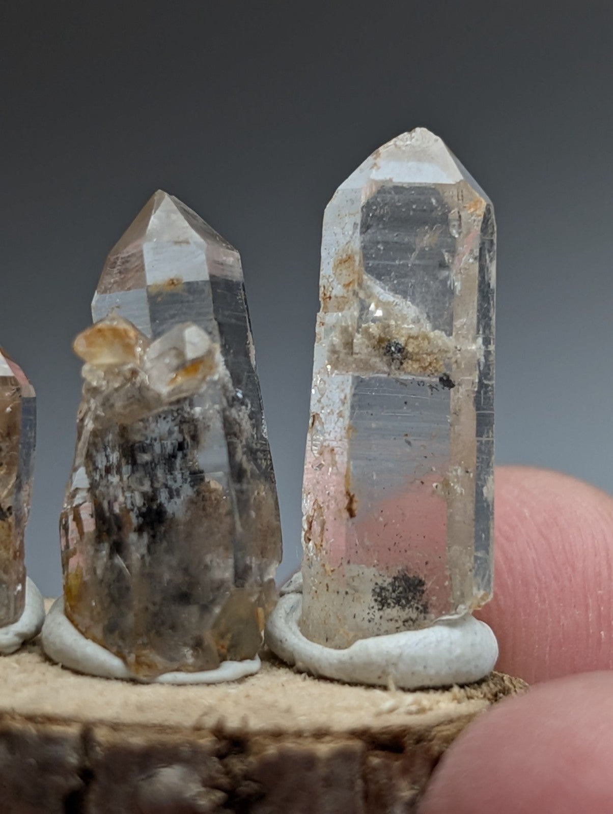 Nacrite + Manganese included Quartz Crystal Points, Arkansas, Set of 3, w/ base