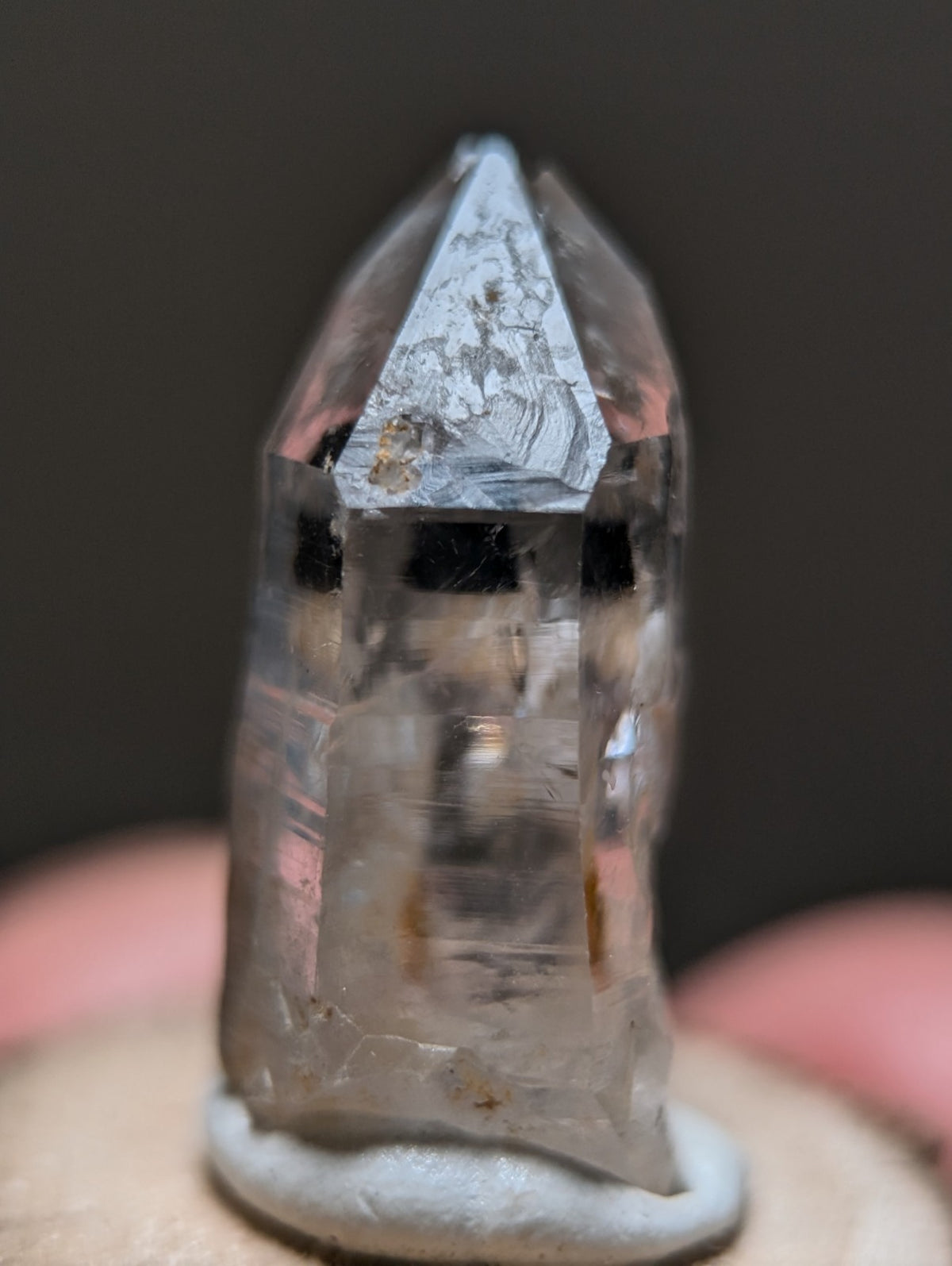 Nacrite + Manganese included Quartz Crystal Point, Arkansas, w/ wood base
