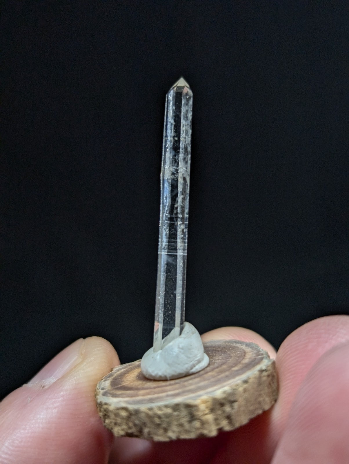 Needle Quartz Crystal Point, Old Stock,Montgomery County, Arkansas, w/ wood base