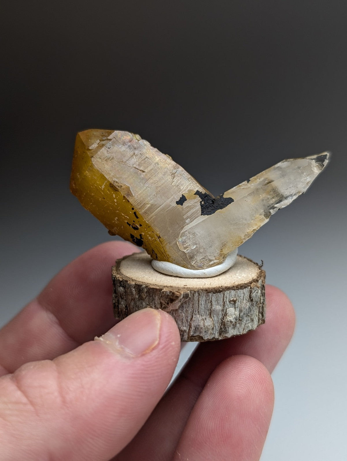 A+ Unique Quartz, Old Stock, Montgomery County, Arkansas, w/ natural wood base