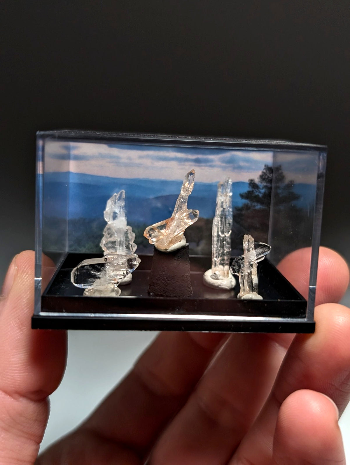 Set of 5 Faden Quartz Crystals, w/ photo case/mount, Montgomery County, Arkansas