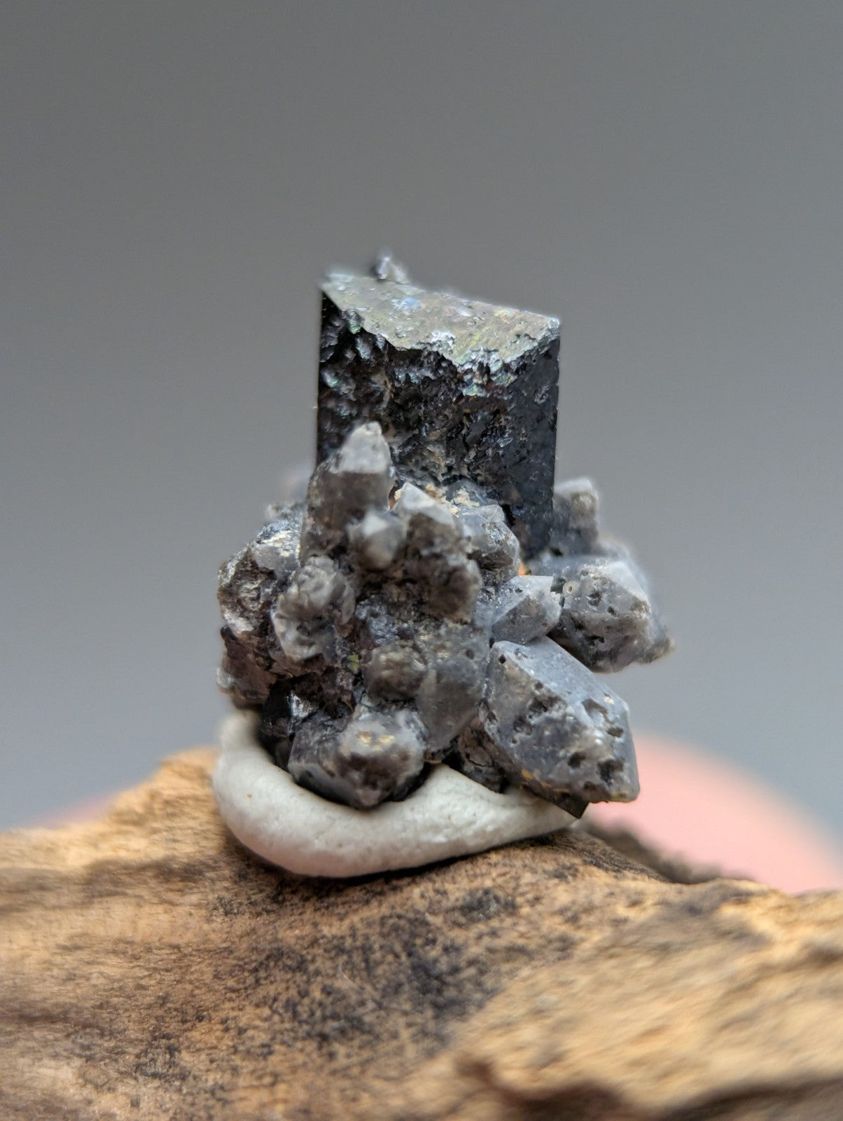 Set of 4 Brookite + Smoky Quartz, Magnet Cove, Arkansas, Old Stock, + wood stand