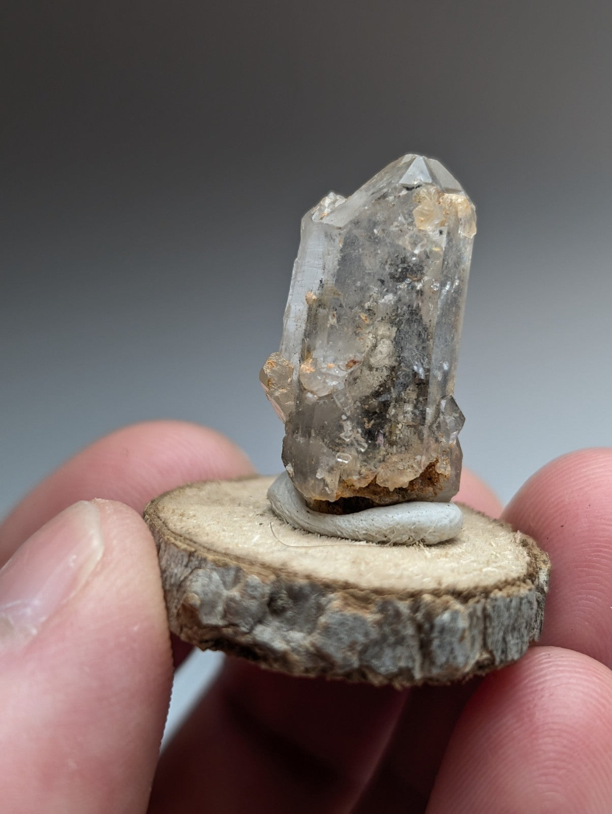Nacrite + Manganese included Quartz Crystal Point, Arkansas, w/ wood base