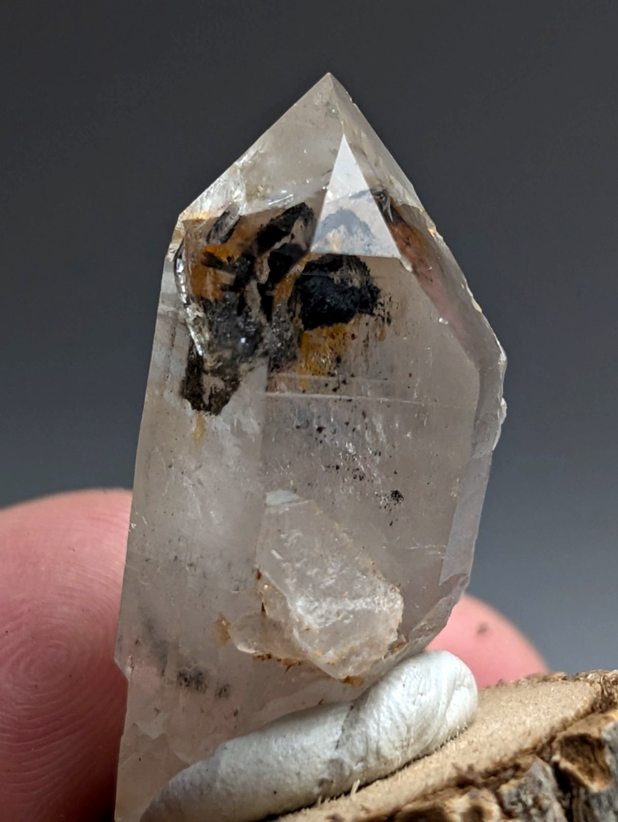A+ Unique Quartz, Old Stock, Montgomery County, Arkansas, w/ natural wood base