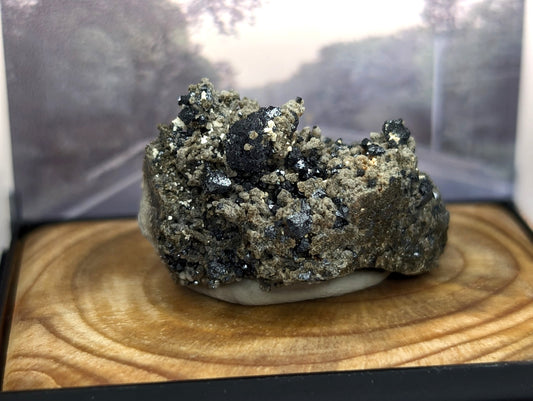 A+ Brookite on Smoky Quartz, w/ wood mount + photo case - Magnet Cove, Arkansas
