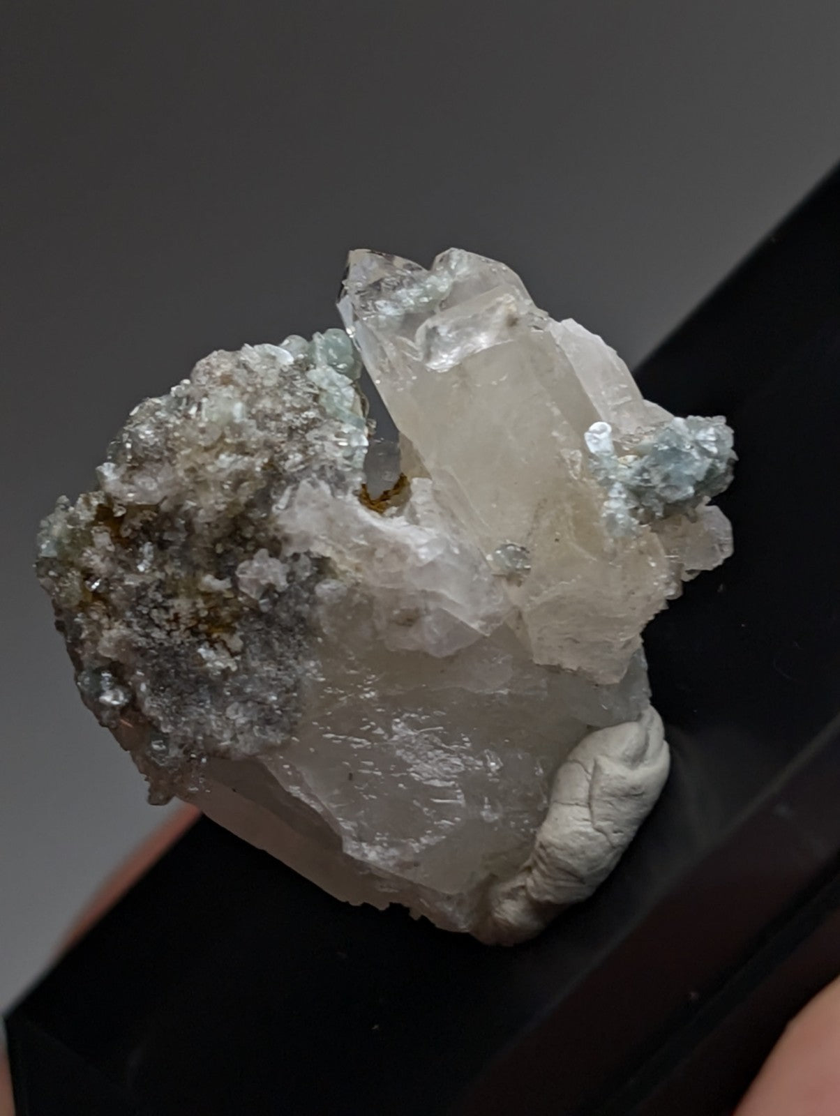 Blue-Green Cookeite on Quartz, Saline County, Arkansas, Old Stock, w/ photo case