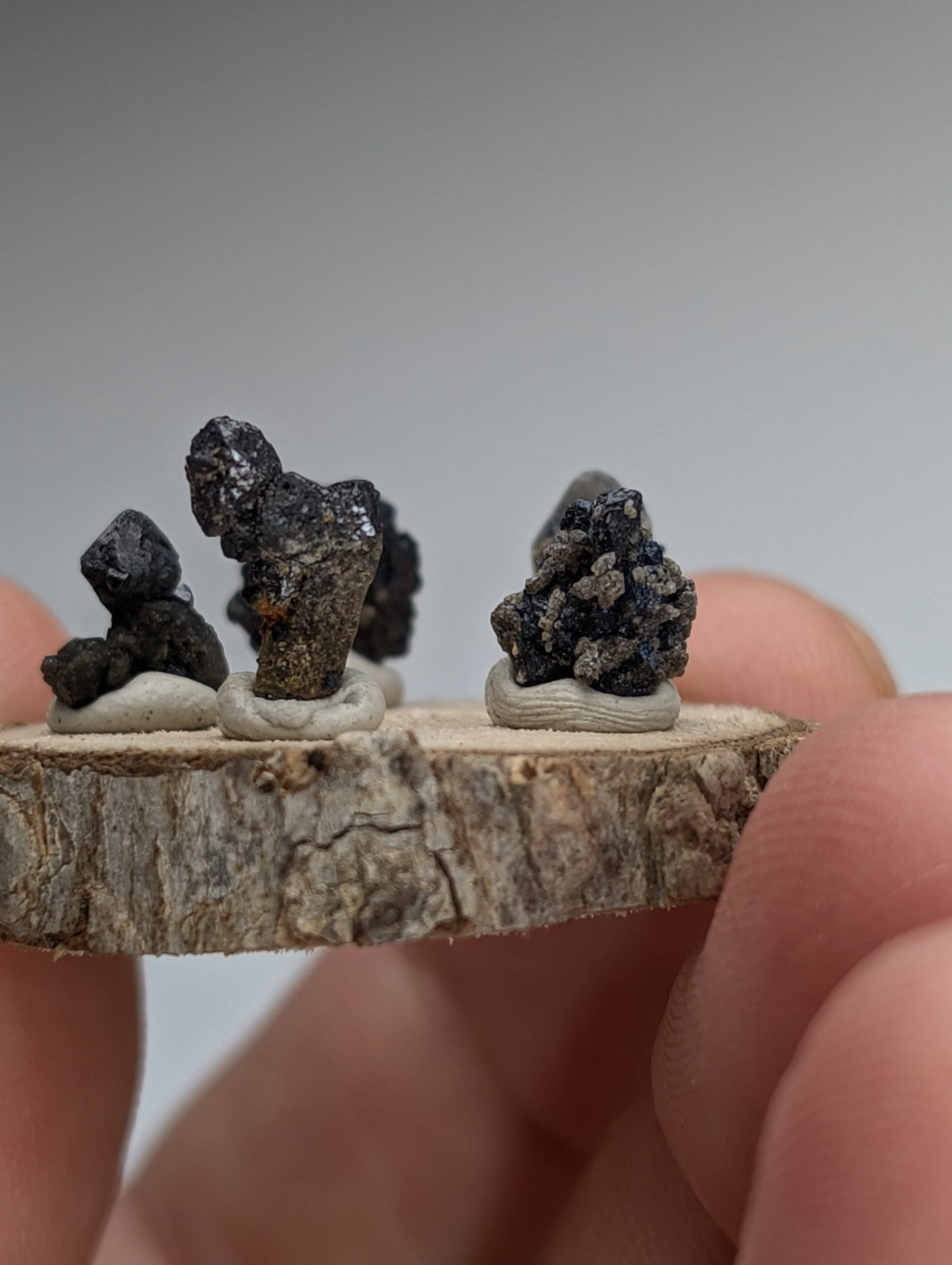 Set of 5 Brookite + Smoky Quartz, Magnet Cove, Arkansas, Old Stock, + wood stand